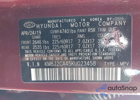 2019 Hyundai Tucson Se from USA, damaged, VIN KM8J2CA45KU023458
